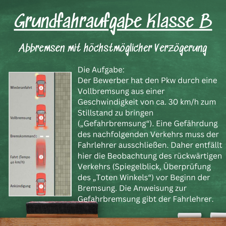 Rote Autos zeigen Bremsübungen im Straßenverkehr mit Anweisungen auf Tafel.
